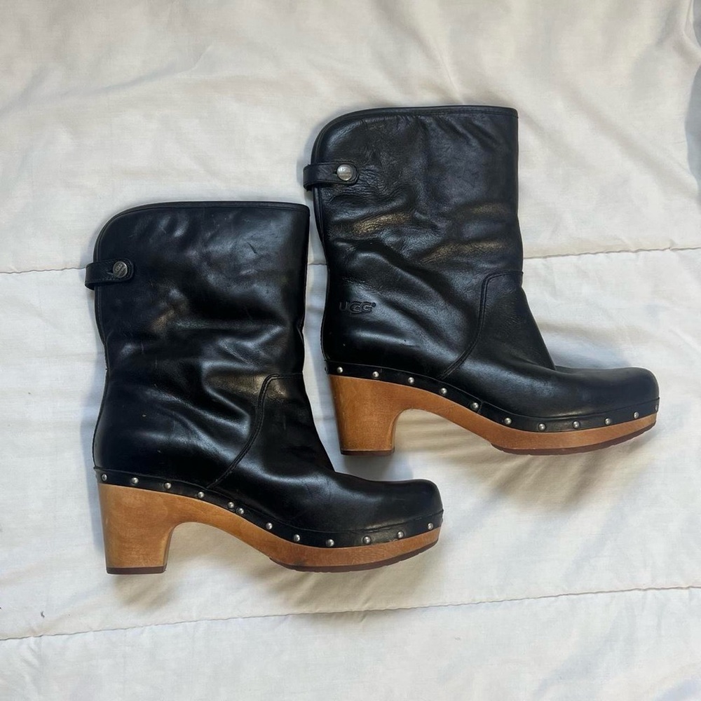 UGG Black Leather Clogs with Brown Wooden Heel